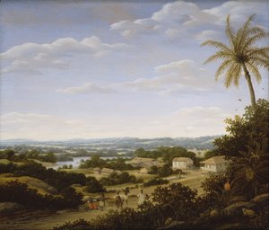 Brazilian landscape with natives on a road approaching a village